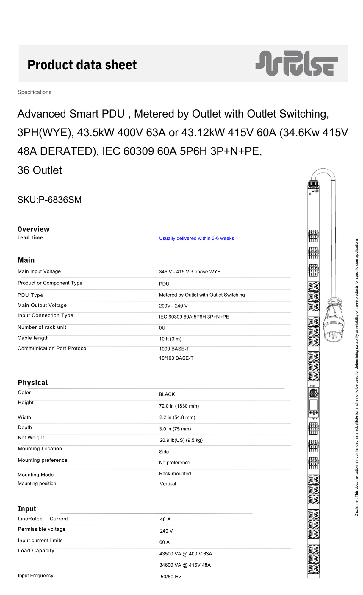 PULSE™ Advanced Smart rPDU AP 6836SM Metered w Outlet Switching 43kW 415V 60A 3PH 0U