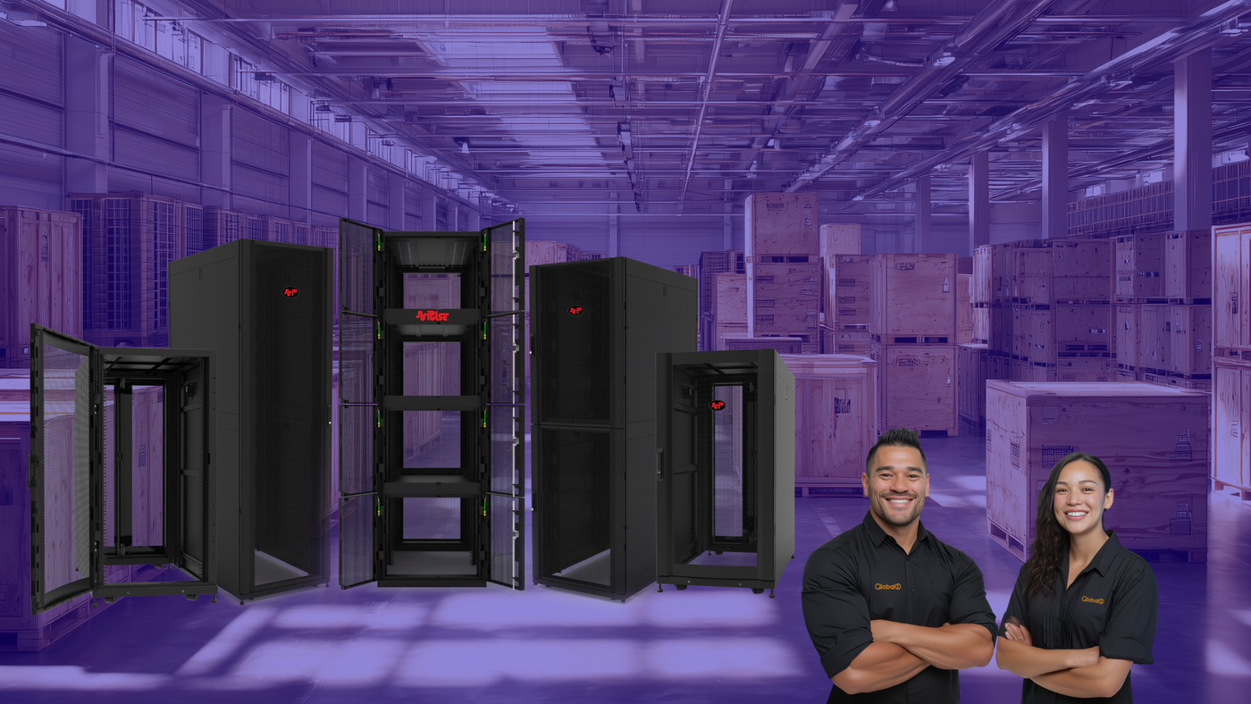 High-density data center cabinet with advanced airflow management for servers and networking equipment.