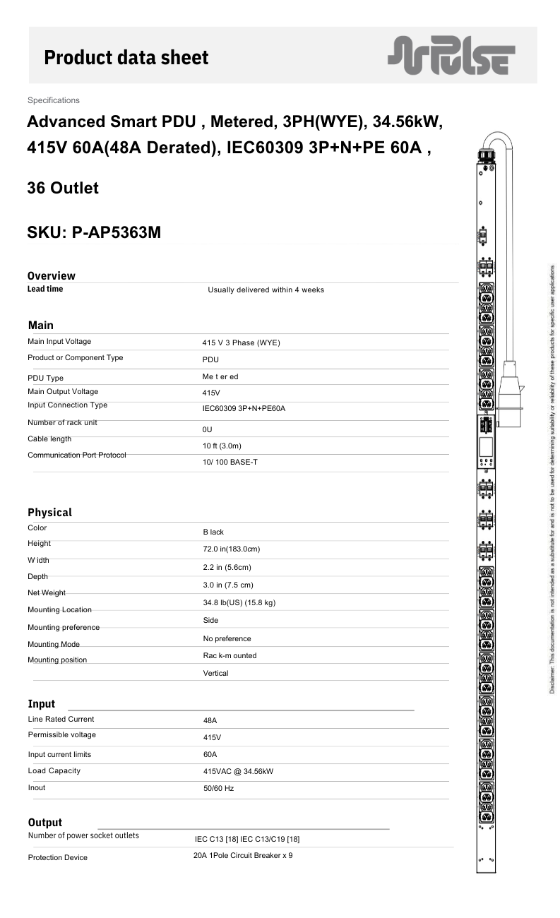 PULSE™ Advanced Smart rPDU AP 5363M Metered 34.56kW 415V 60A 3PH 0U
