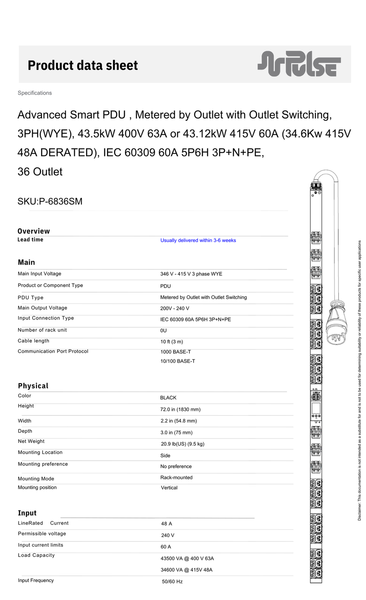 PULSE™ Advanced Smart rPDU AP 6836SM Metered w Outlet Switching 43kW 415V 60A 3PH 0U