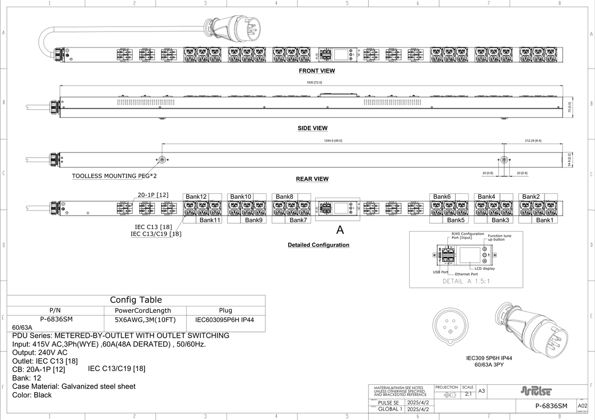 PULSE™ Advanced Smart rPDU AP 6836SM Metered w Outlet Switching 43kW 415V 60A 3PH 0U