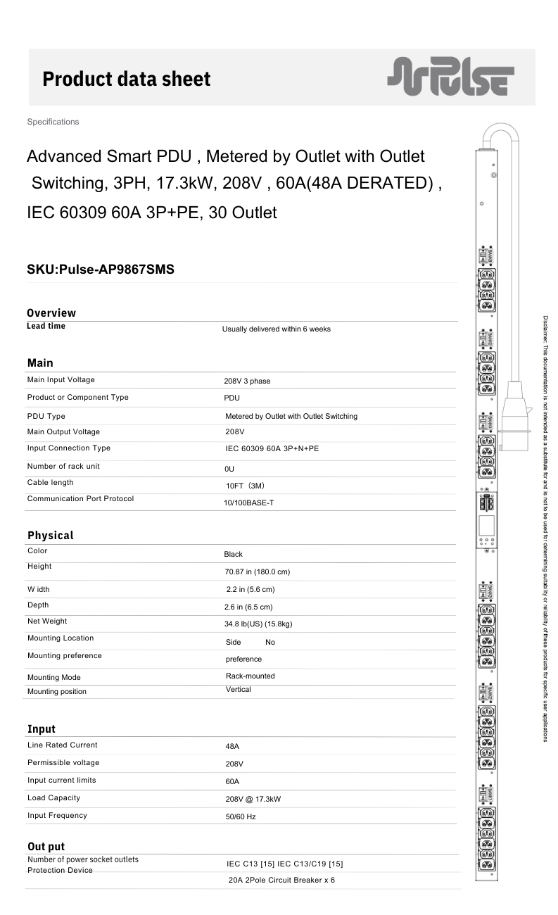 PULSE™ Advanced Smart rPDU AP 9867SM Metered w Outlet Switching 17kW 208V 60A 3PH 0U