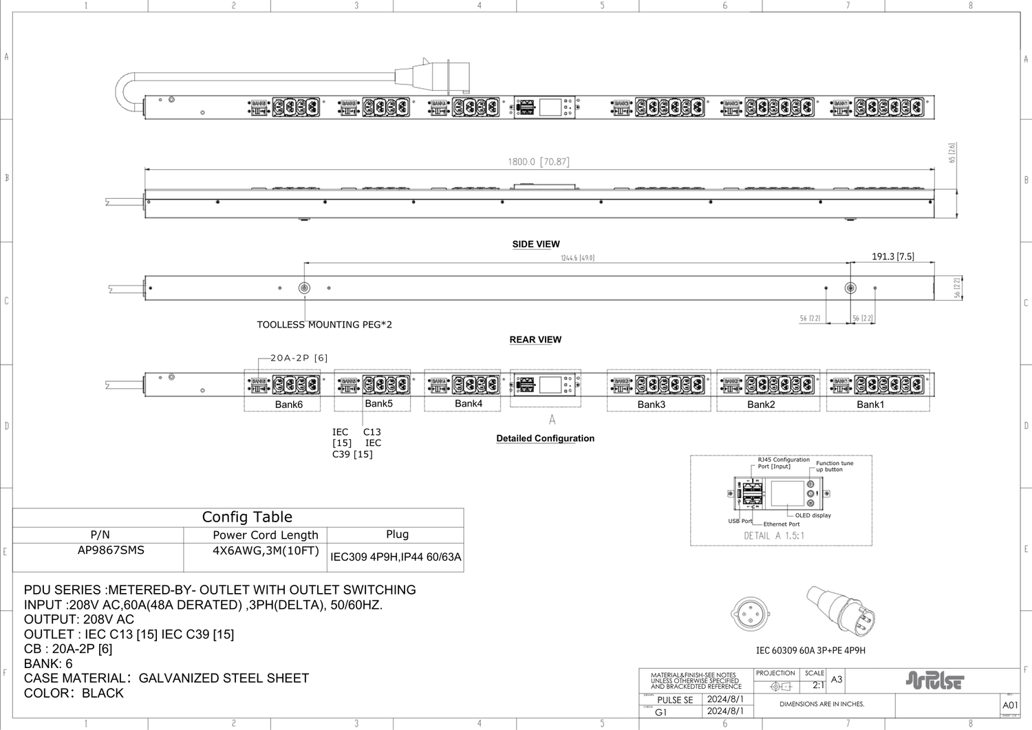 PULSE™ Advanced Smart rPDU AP 9867SM Metered w Outlet Switching 17kW 208V 60A 3PH 0U