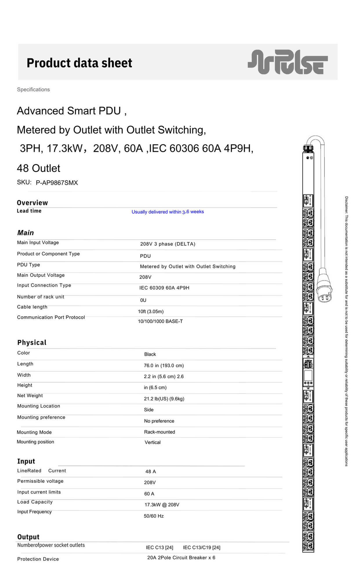 PULSE™ Advanced Smart rPDU AP 9867SMX Metered w Outlet Switching 17kW 208V 60A 3PH 0U