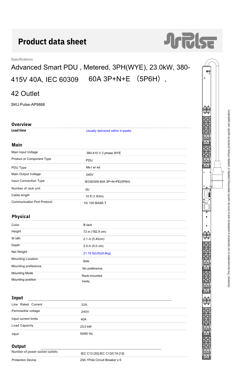 PULSE™ Advanced Smart rPDU P-AP 9888M Metered w Outlet Switching 23.0kW 208V 30A 3PH 0U
