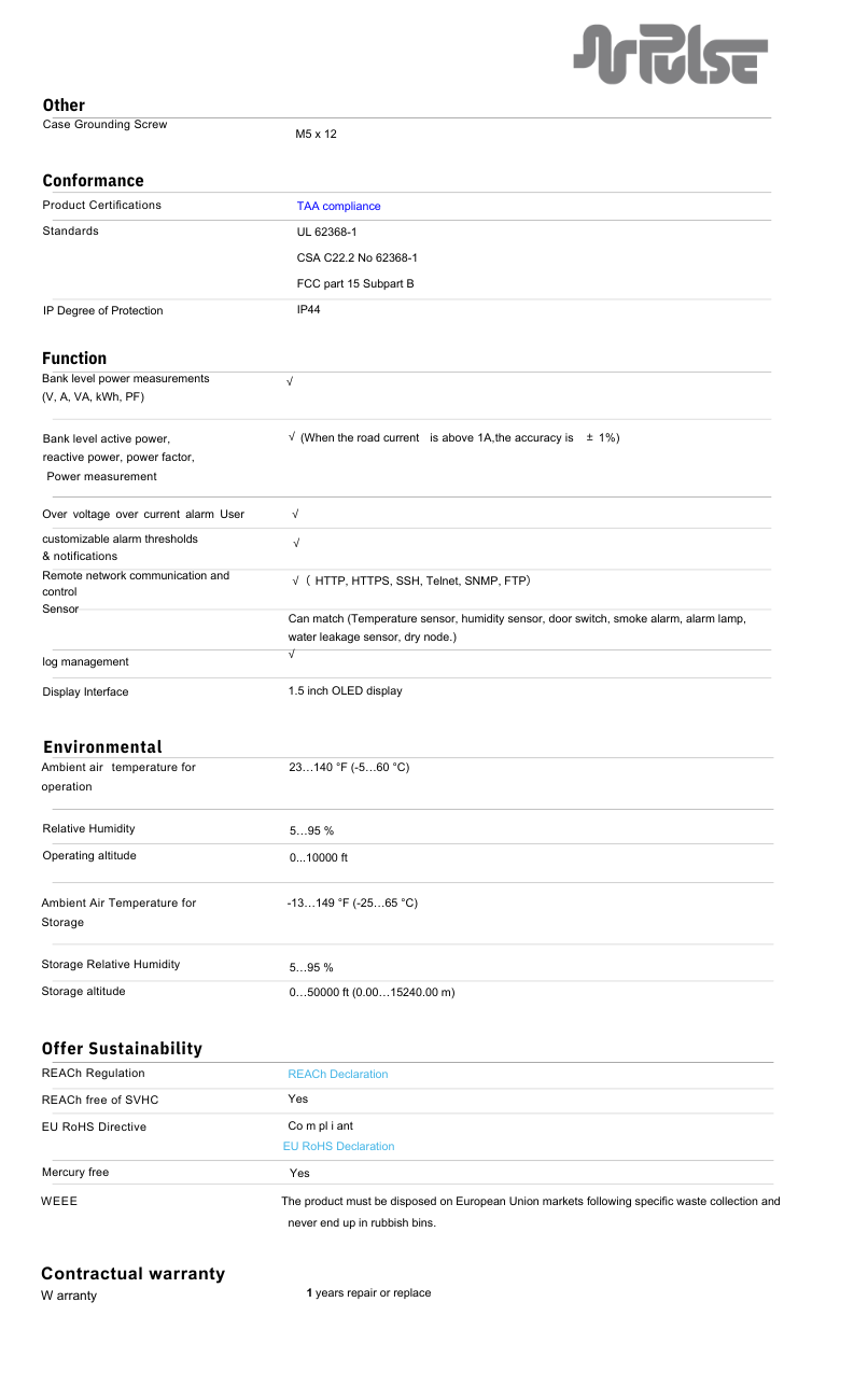 PULSE™ Advanced Smart rPDU P-AP 9888M Metered w Outlet Switching 23.0kW 208V 30A 3PH 0U
