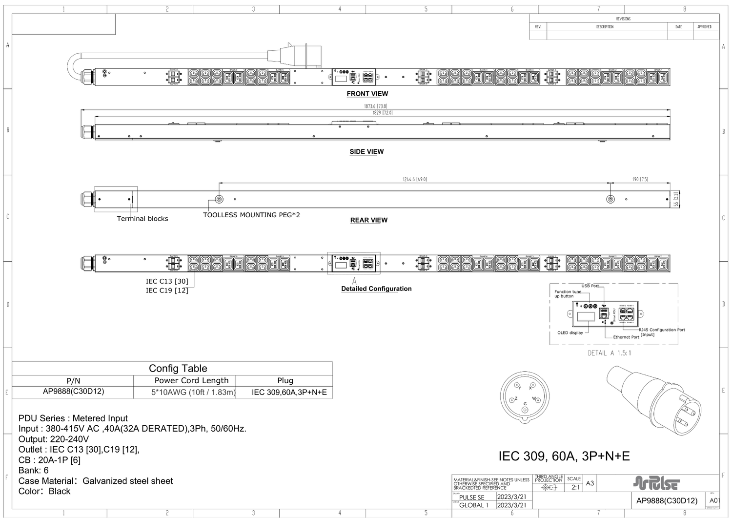 PULSE™ Advanced Smart rPDU P-AP 9888M Metered w Outlet Switching 23.0kW 208V 30A 3PH 0U
