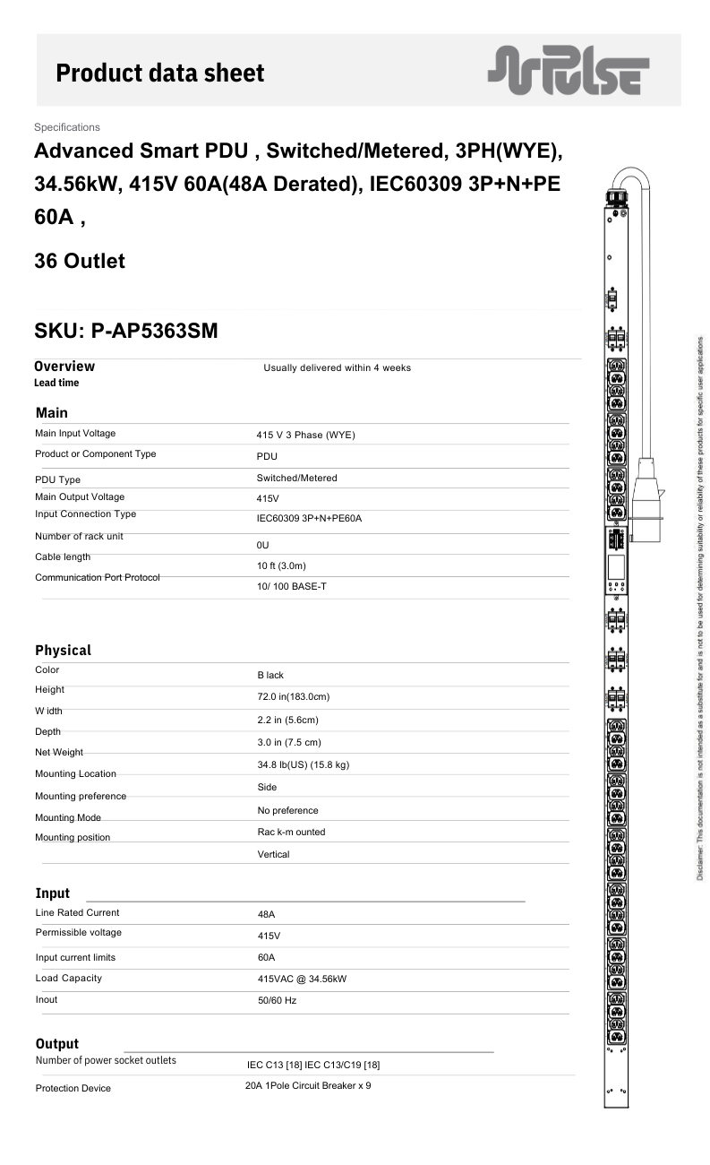 PULSE Advanced Smart rPDU AP5363SM Metered w Outlet Switching 34.56kW 415V 60A 3PH 0U