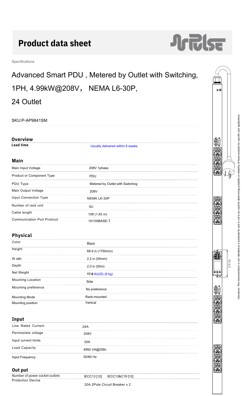 PULSE™ Advanced Smart rPDU AP 9841SM Metered w Outlet Switching 5kW 208V 30A 0U