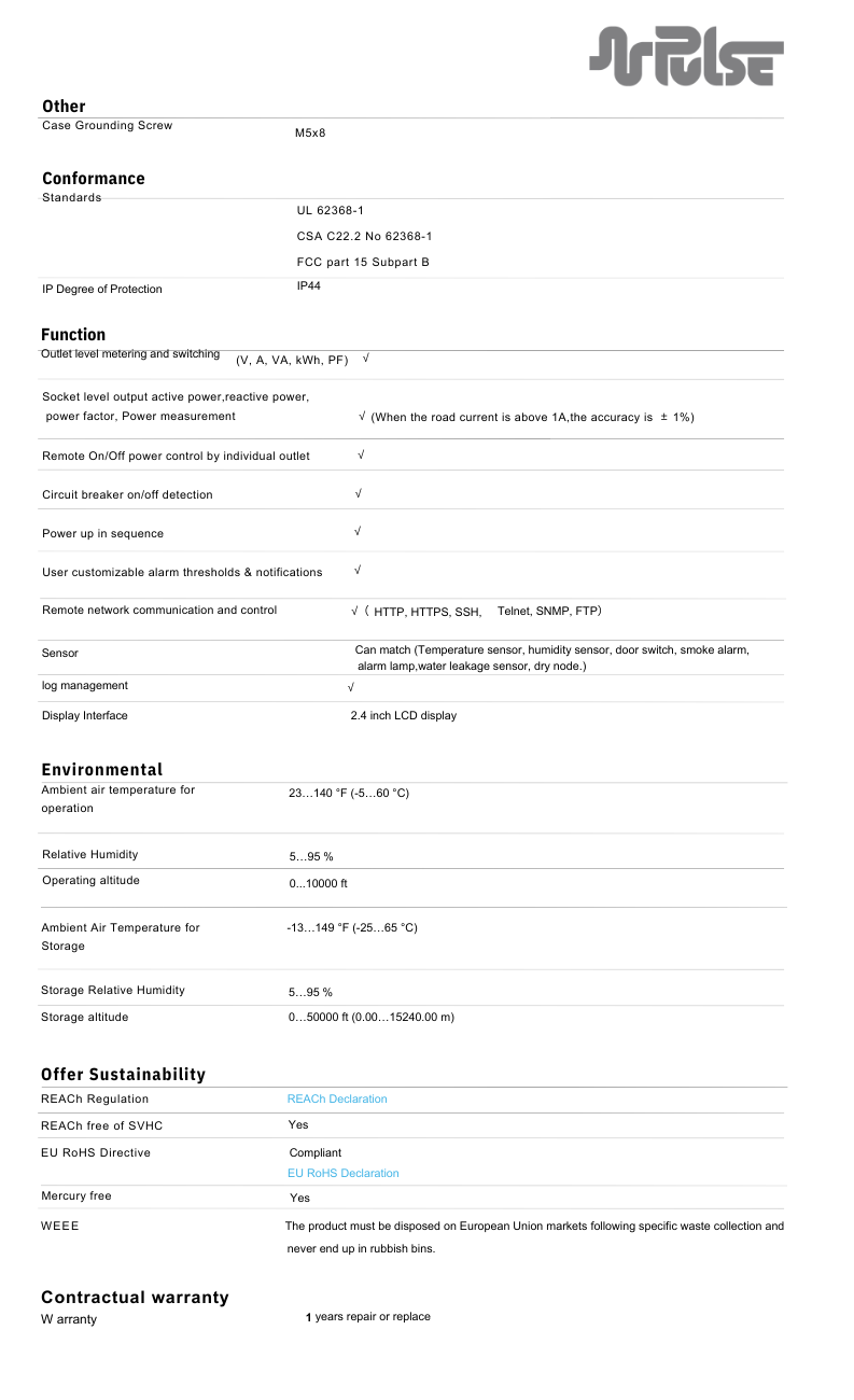 PULSE™ Advanced Smart rPDU AP 9841SM Metered w Outlet Switching 5kW 208V 30A 0U