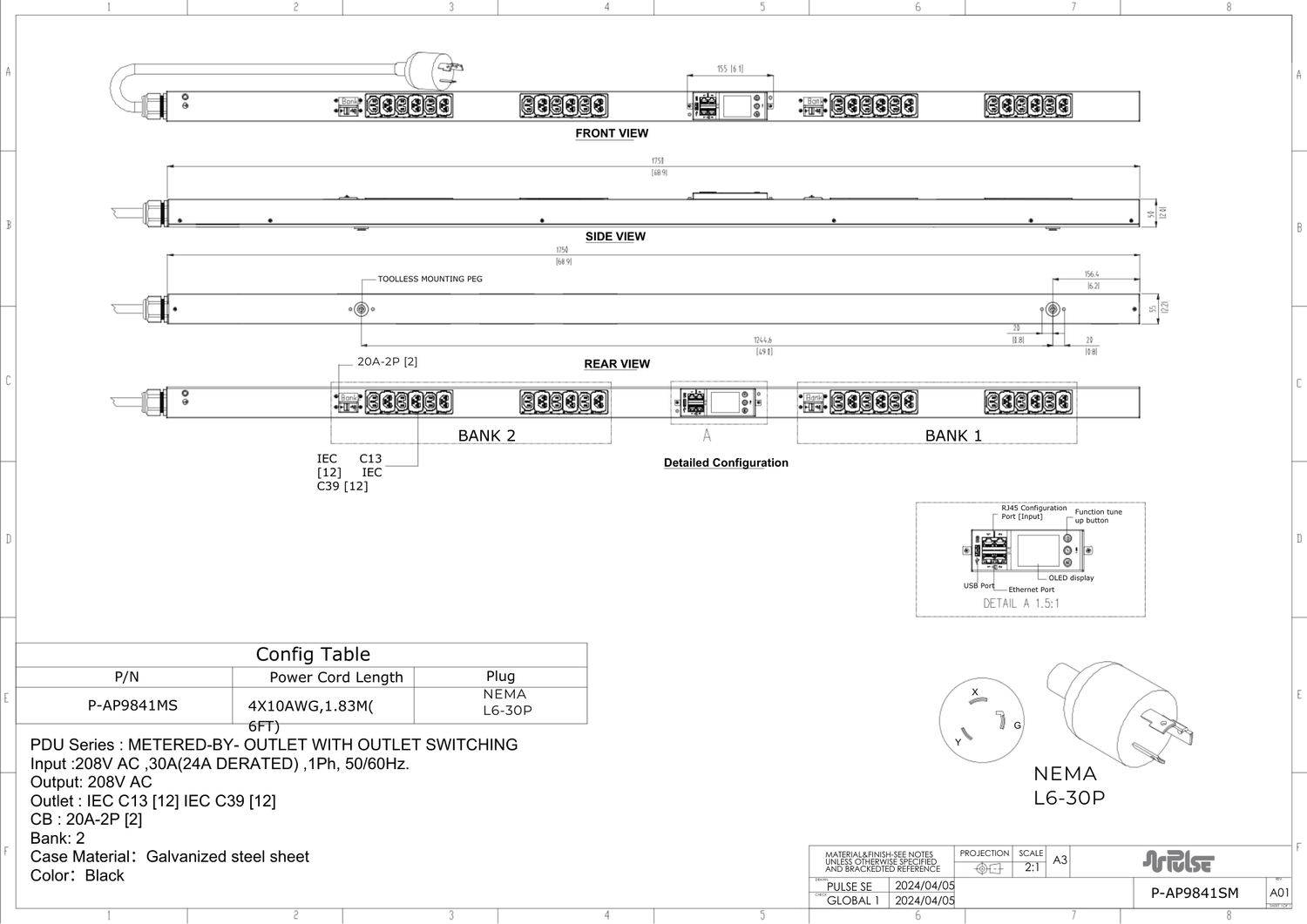 PULSE™ Advanced Smart rPDU AP 9841SM Metered w Outlet Switching 5kW 208V 30A 0U
